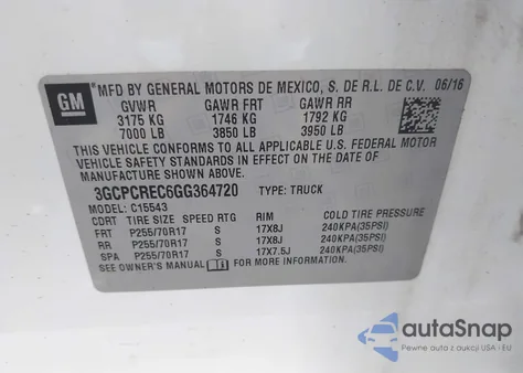 2016 Chevrolet Silverado 1500 1Lt from USA, damaged, VIN 3GCPCREC6GG364720